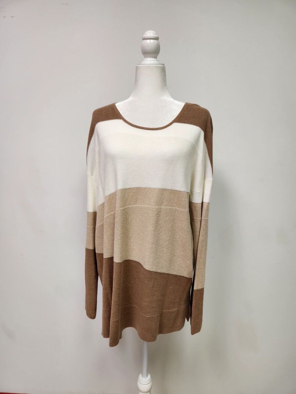 Etcetera Women Brown Beige White Striped Colorblock Crewneck Sweater XL
